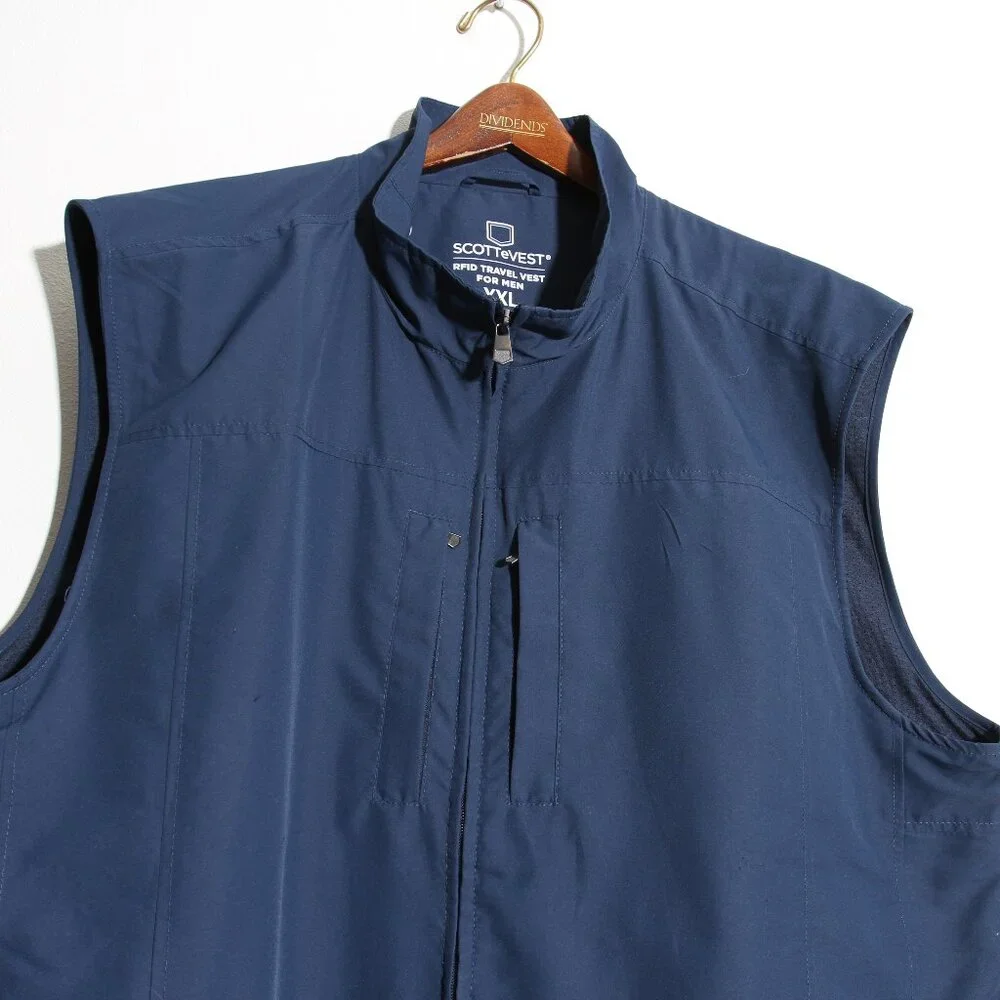 ScotteVest RFID Travel Vest Men's Navy Blue Pockets Full Zip Size XXL
